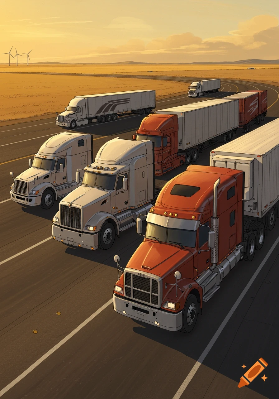 Stylized illustration of multiple semi-trailer trucks driving on a wide highway through a vast, golden desert landscape with wind turbines.