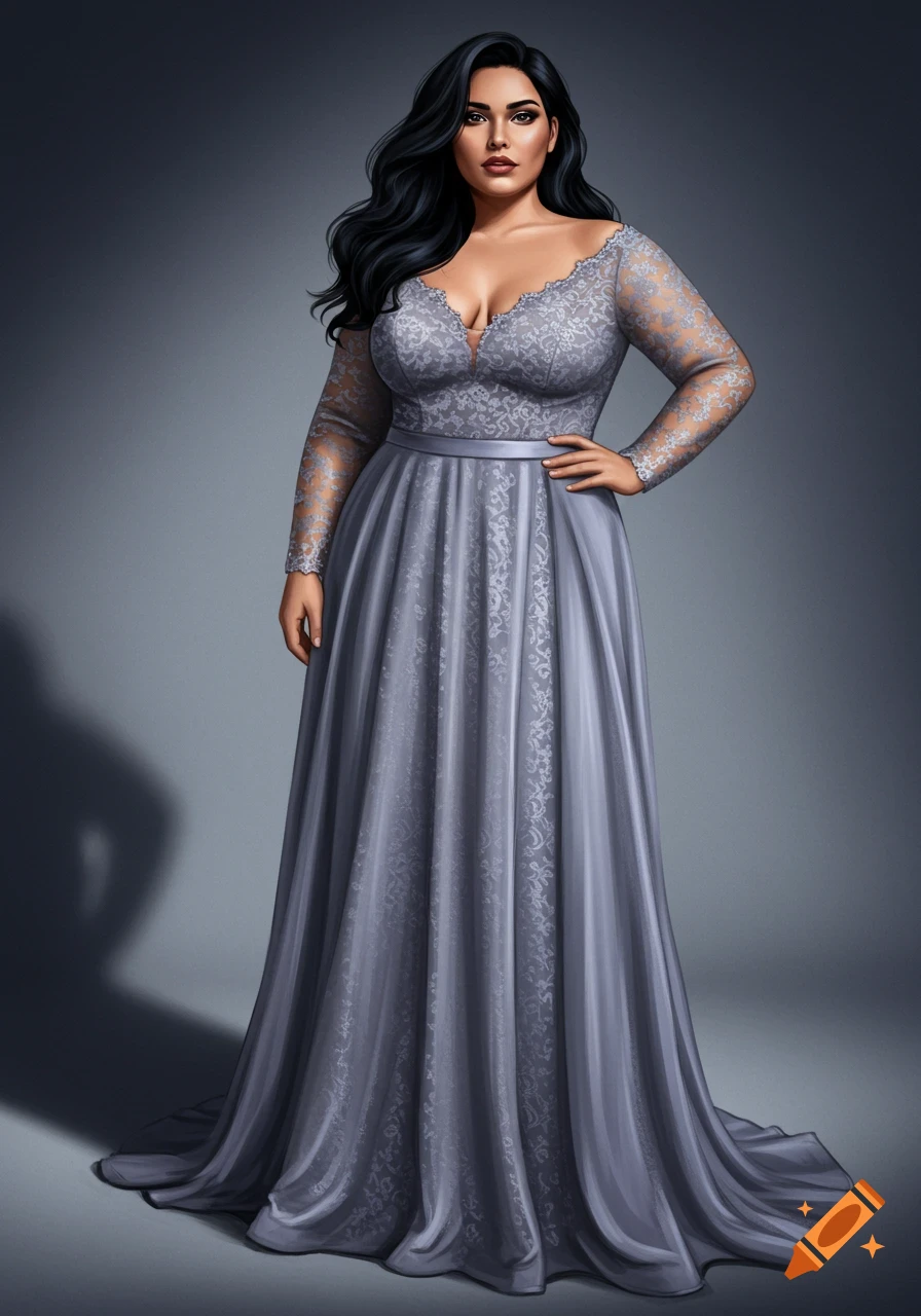 A fashion illustration of a plus-sized model with dark hair, wearing a long, flowing grey lace gown, standing with her hand on her hip.