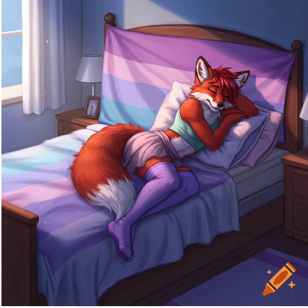 A red anthropomorphic fox in a crop top, skirt, and purple thigh-high socks sleeps in a bed with a femboy pride flag, digital art.