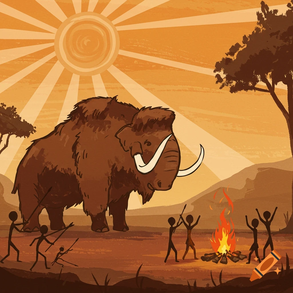 Stylized illustration of stick figures near a mammoth and a campfire, under a radiant sun in a prehistoric landscape.