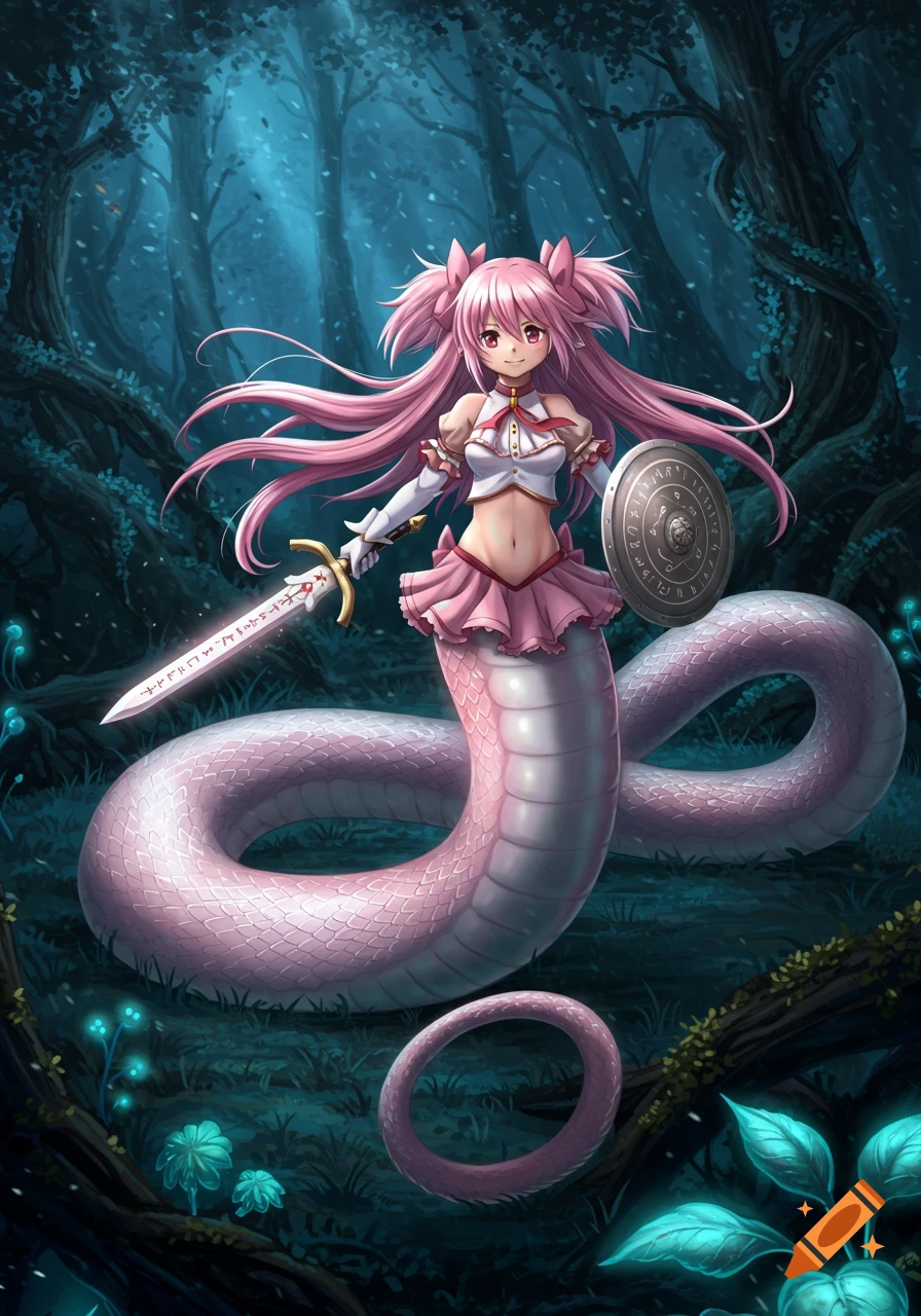 An anime lamia with pink hair, holding a sword and shield, in a dark, glowing forest.