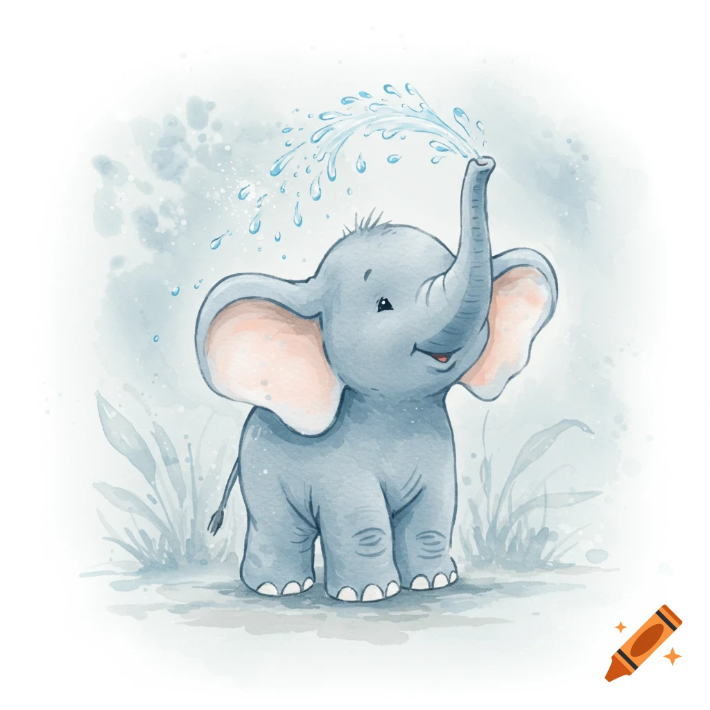 Cute watercolor baby elephant spraying water with its trunk, depicted in soft blues and grays.
