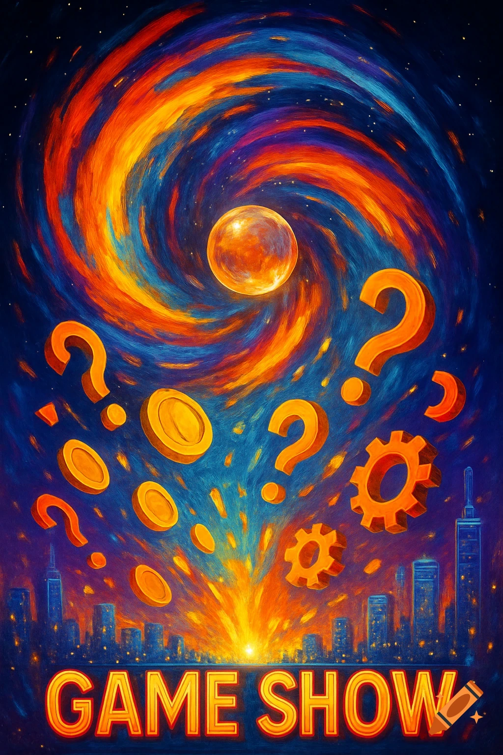 Vibrant, abstract game show poster with a cosmic swirl, city skyline, question marks, coins, and 'GAME SHOW' text.