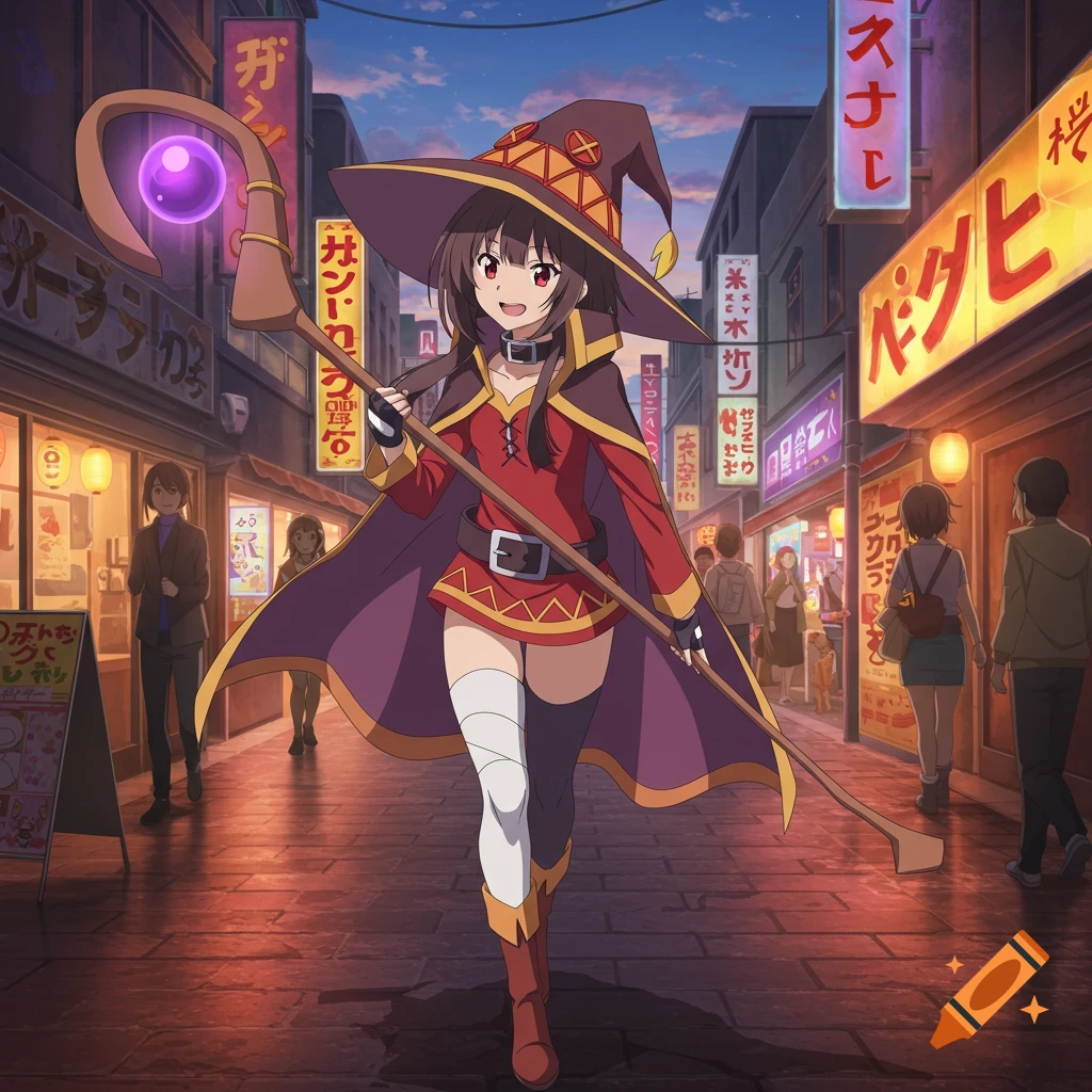 An anime character, Megumin, in a witch hat and cape, holding a staff, walks down a bustling Japanese street at night with neon signs.
