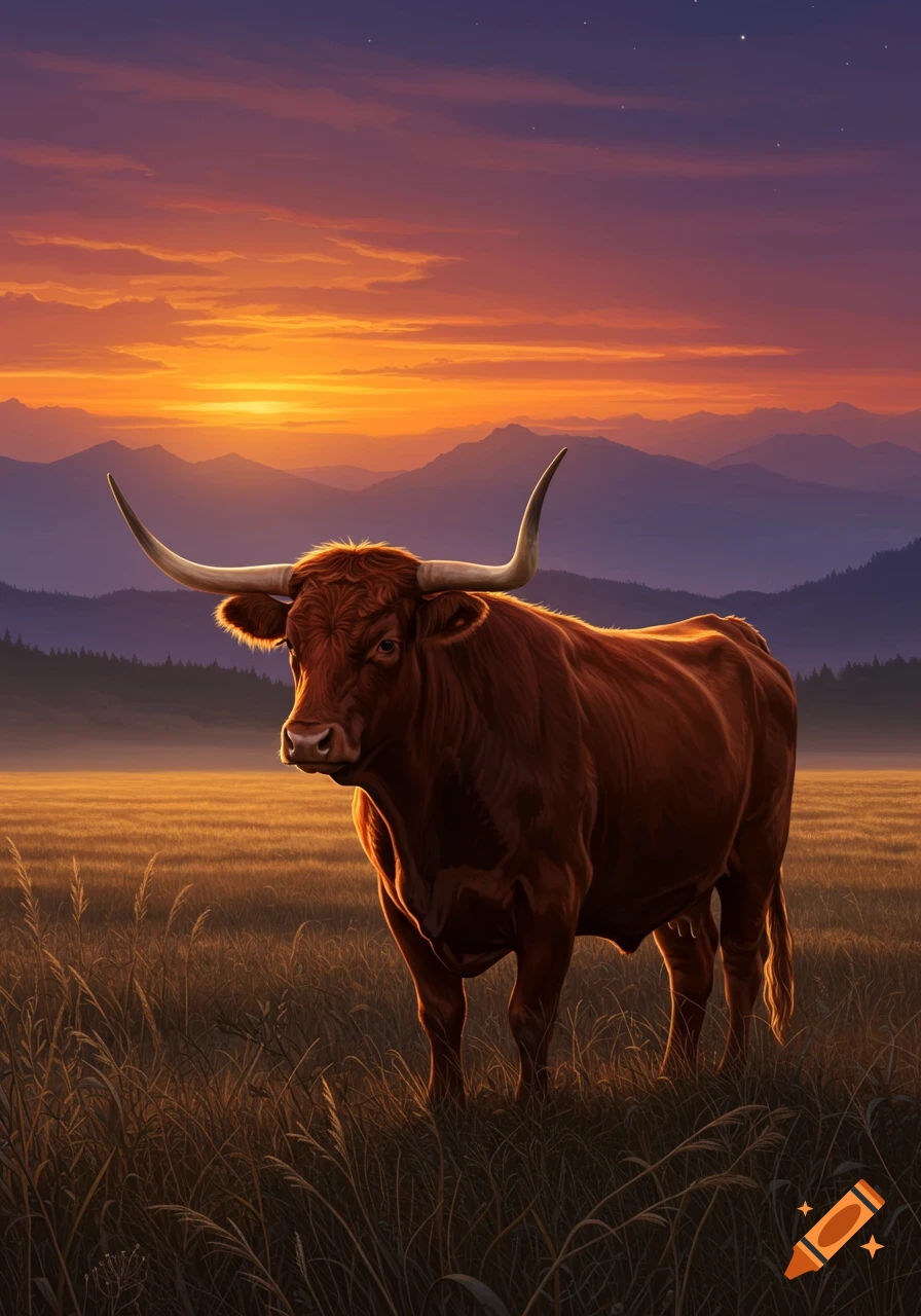 A majestic longhorn steer stands in a grassy field at sunset, with mountains in the background.