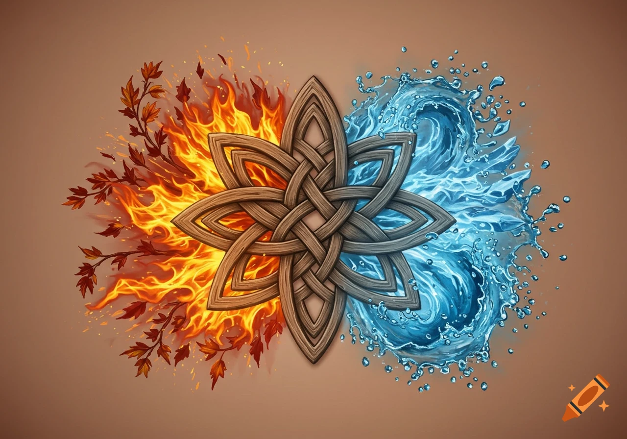 A stylized brown Celtic knot symbol with swirling orange fire and autumn leaves on the left, and splashing blue water on the right, against a warm brown background.