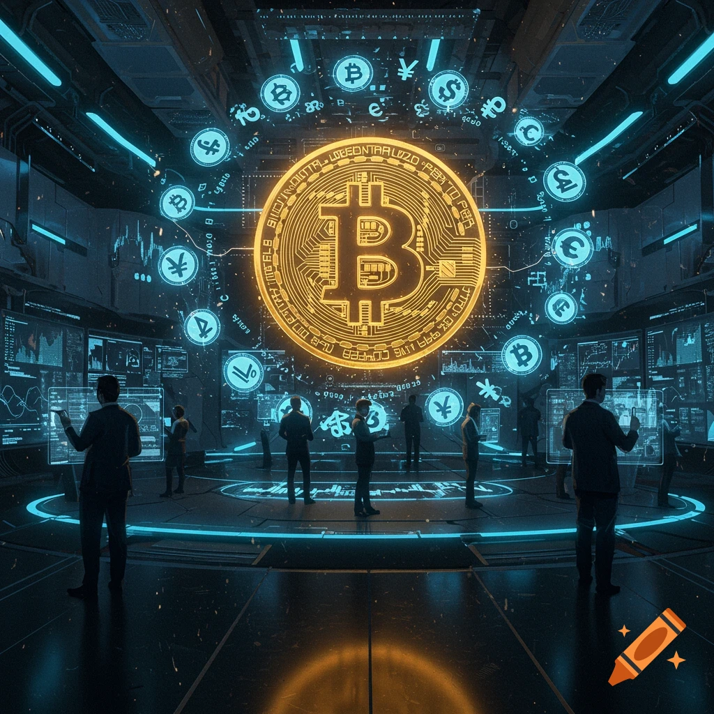 A futuristic data center with a large, glowing golden Bitcoin symbol at its center, surrounded by circulating cryptocurrency icons and analysts viewing holographic screens in a dark, high-tech environment.