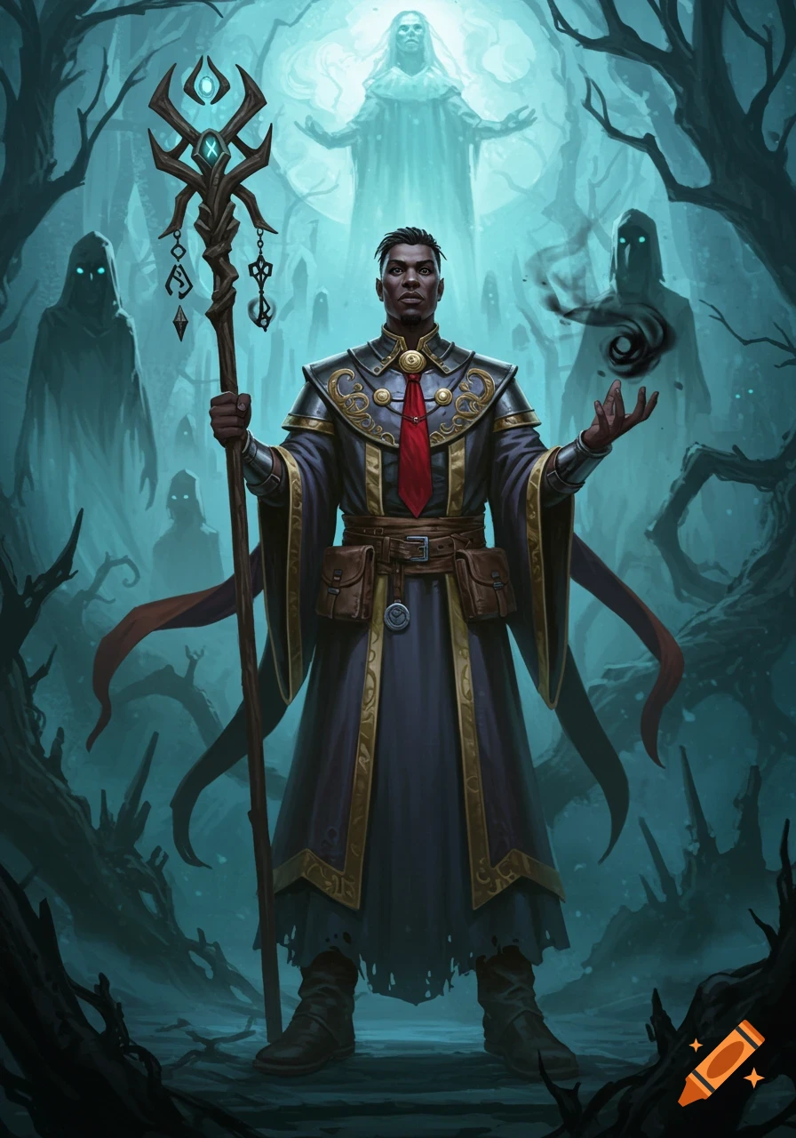 A dark fantasy illustration of a male cleric holding a staff, surrounded by ghostly figures in an ethereal, misty forest.