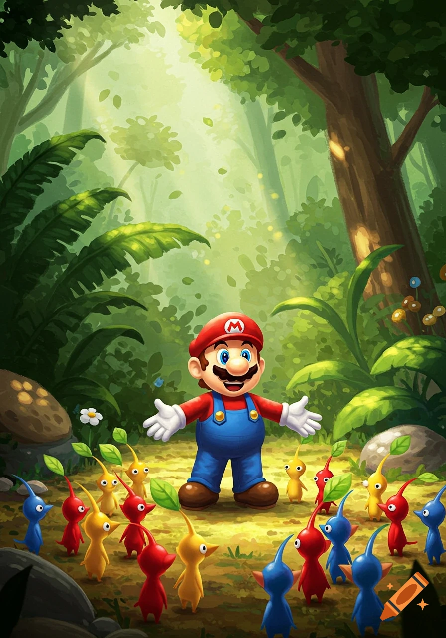 Cartoon illustration of Mario in a lush forest, surrounded by red, yellow, and blue Pikmin creatures.