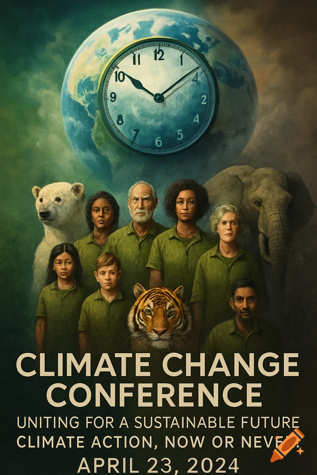 Stylized poster for Climate Change Conference. Diverse people and animals stand before Earth with a clock, text reads 'CLIMATE CHANGE CONFERENCE' and date.