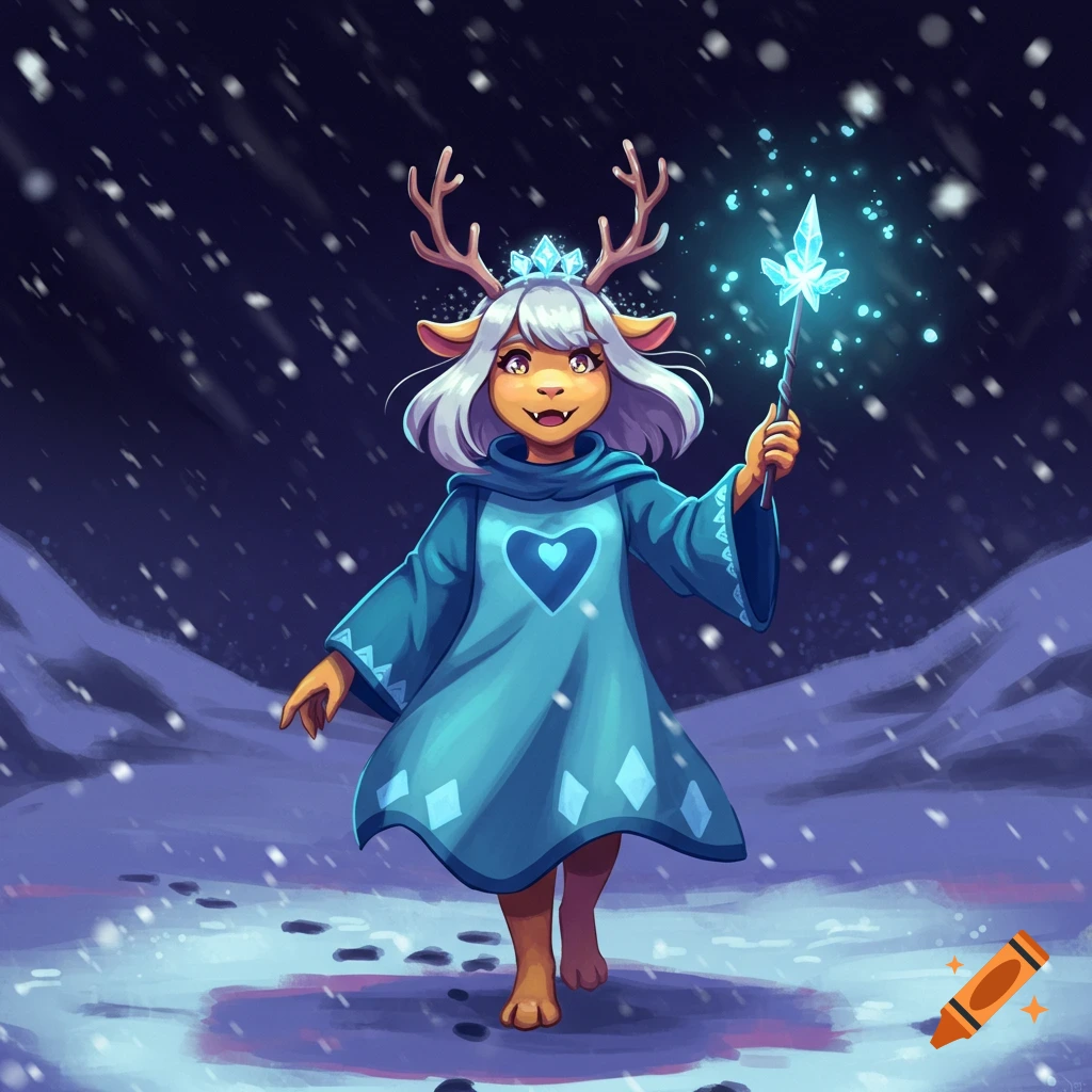 A reindeer-like Noelle from Deltarune stands in a snowy landscape, holding a glowing ice crystal staff. Digital illustration.
