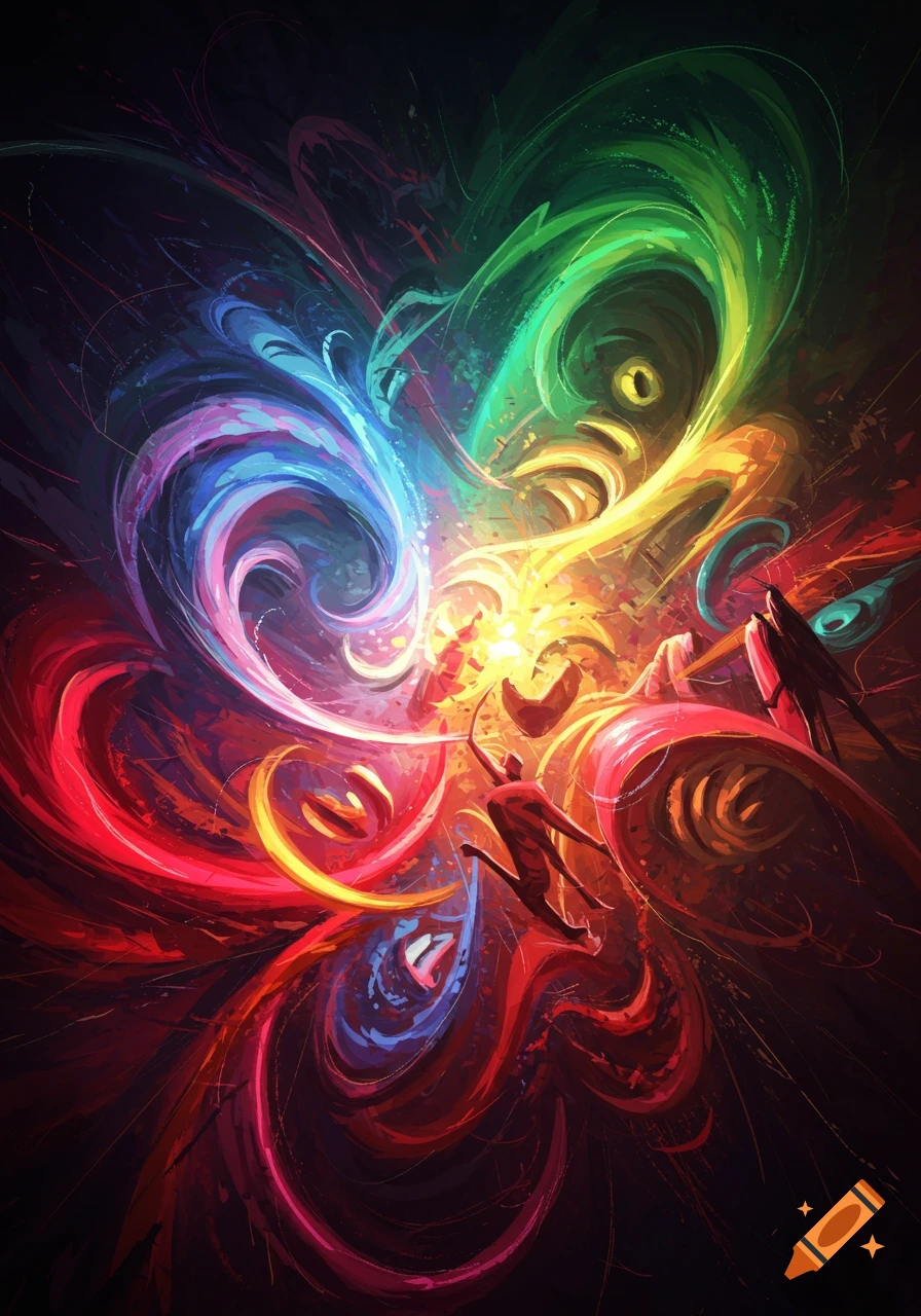 Vibrant abstract art with swirling spectrum of red, blue, green, and yellow colors, featuring abstract human figures amidst the dynamic flow.