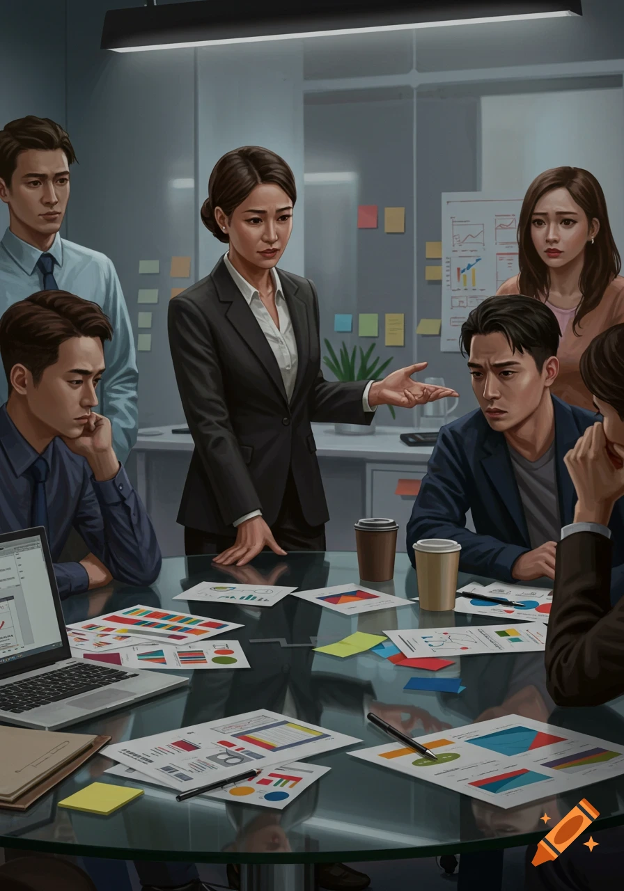 A manager gives feedback to a tense marketing team in an office meeting, surrounded by papers and laptops. Semi-realistic style.