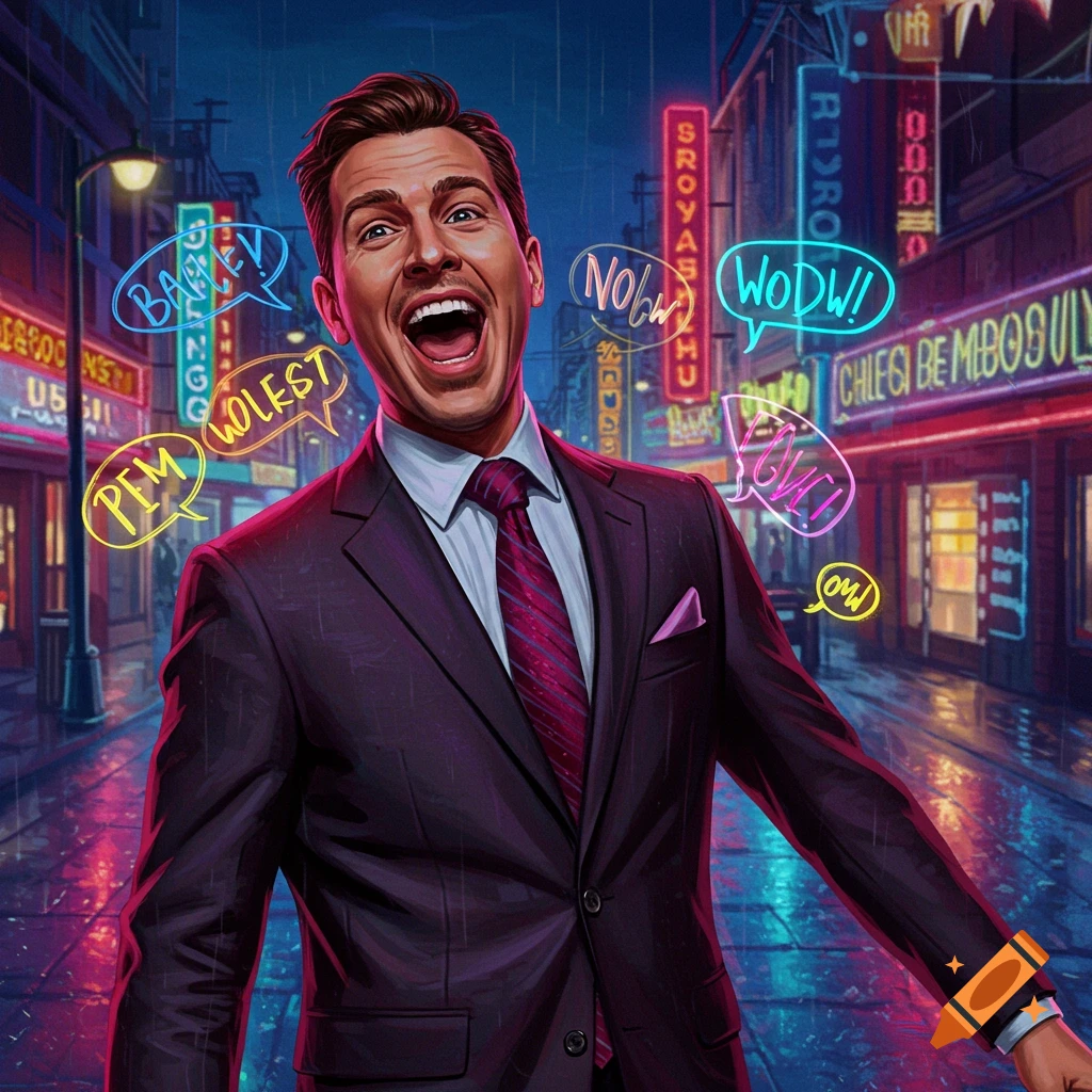 A man in a suit laughs loudly on a neon-lit city street at night, with colorful speech bubbles containing gibberish text around his head.