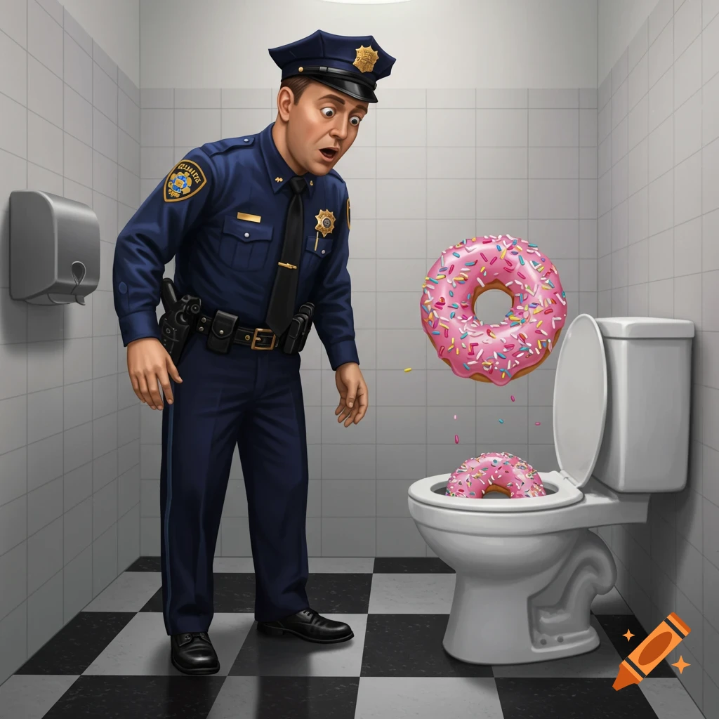 A surprised police officer watches a pink frosted donut fall into a toilet, with another already in the bowl, in a tiled bathroom. Realistic illustration.