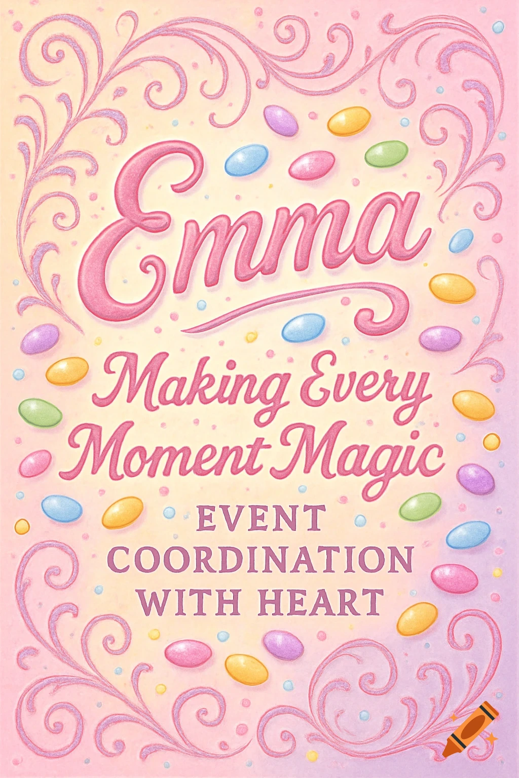 A cute, pastel pink and yellow poster with ornate pink scrollwork and colorful smartie candies. Pink text reads "Emma" at the top, followed by "Making Every Moment Magic" and "EVENT COORDINATION WITH HEART".