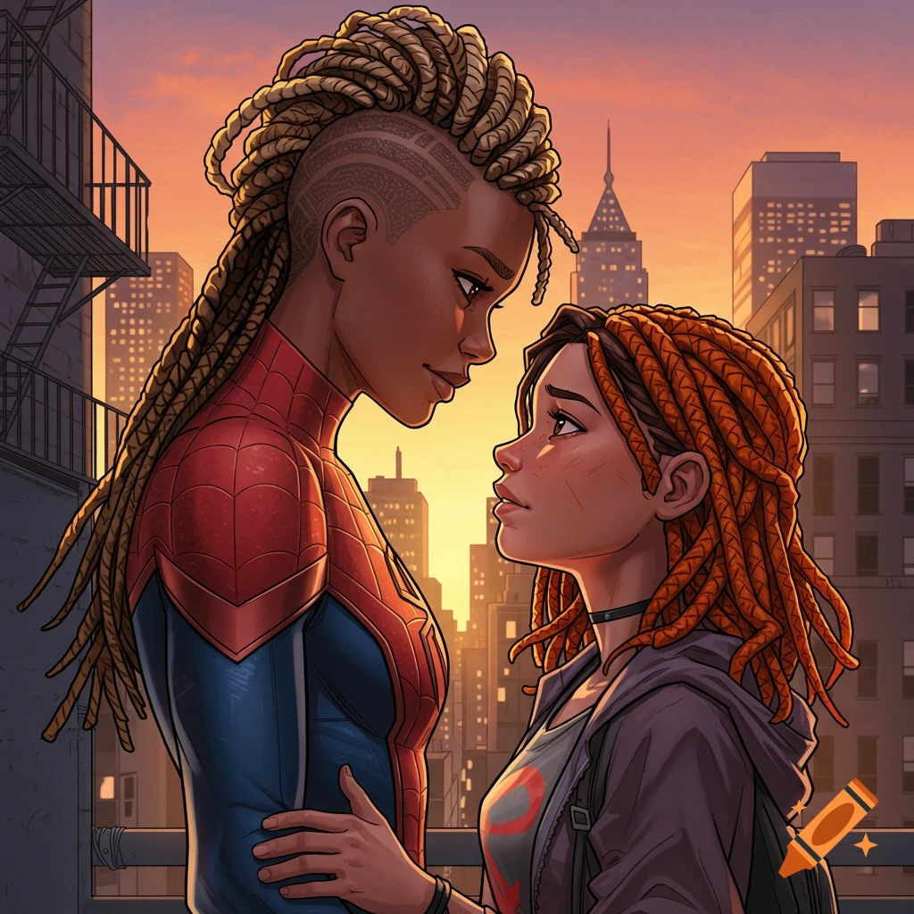 Two women, one in a Spiderman suit, look lovingly at each other on a city rooftop at sunset, in digital comic art style.