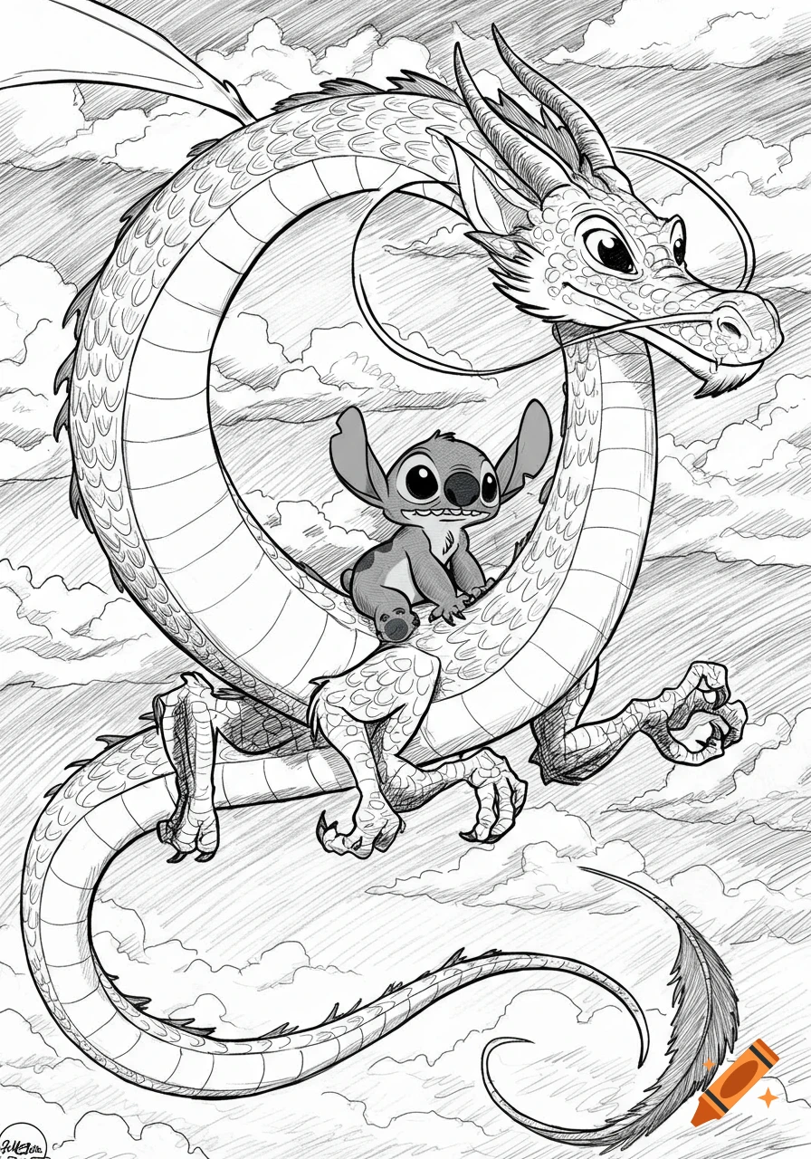 Stitch rides a long, scaly dragon through a cloudy sky in a black and white line art drawing.