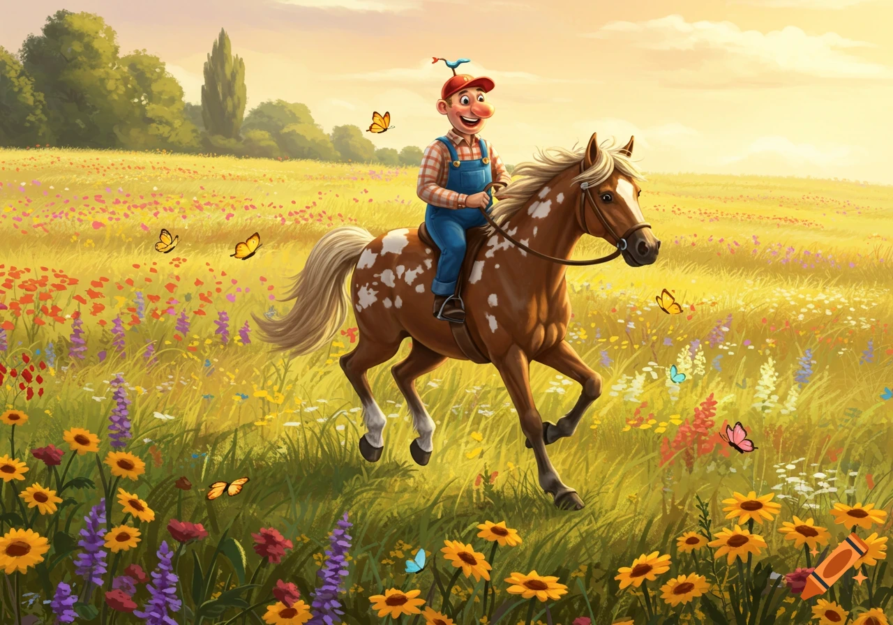 A cartoon man in a red hat and blue overalls rides a spotted brown horse through a vibrant flowering field with butterflies.