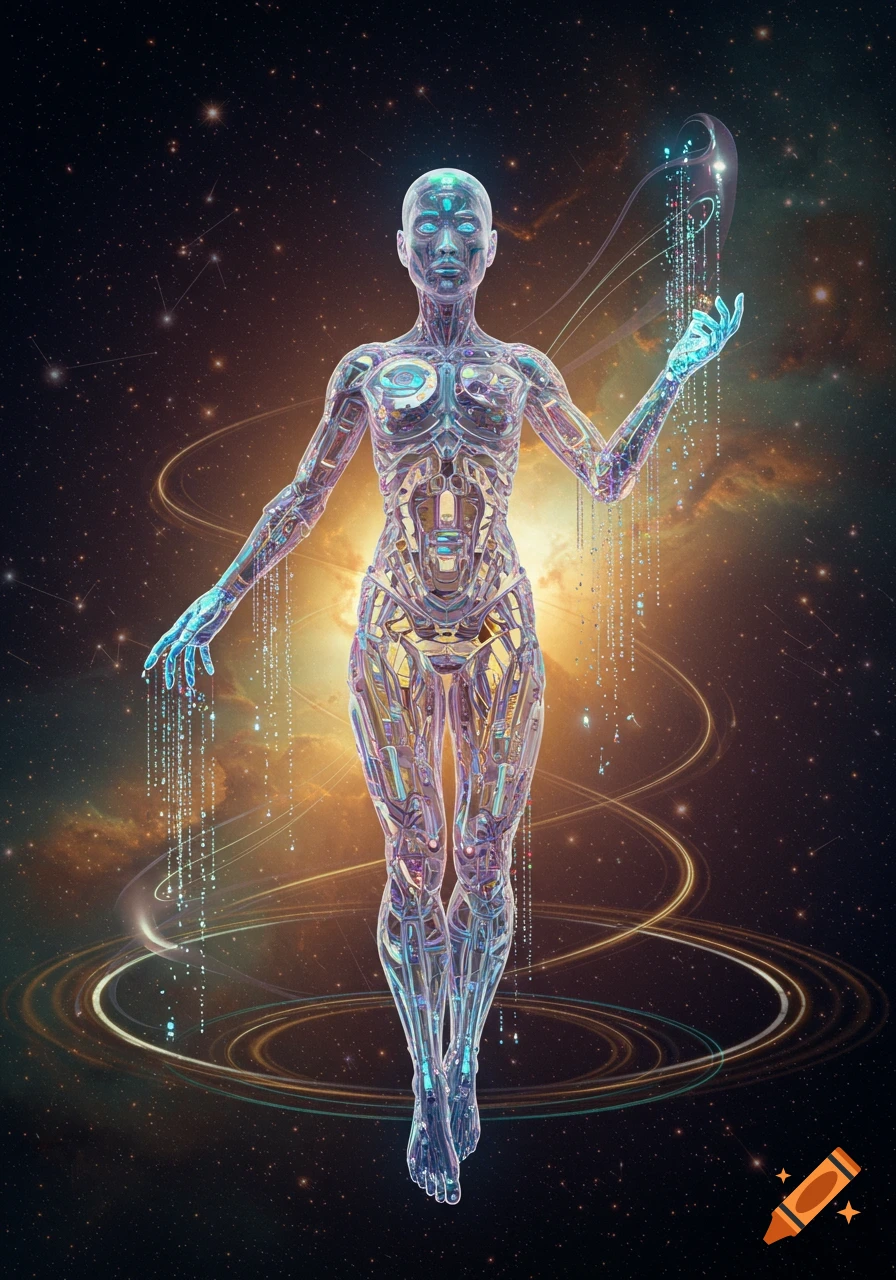A glowing, translucent cyborg figure made of intricate machinery stands in a cosmic void, surrounded by stars and data streams.
