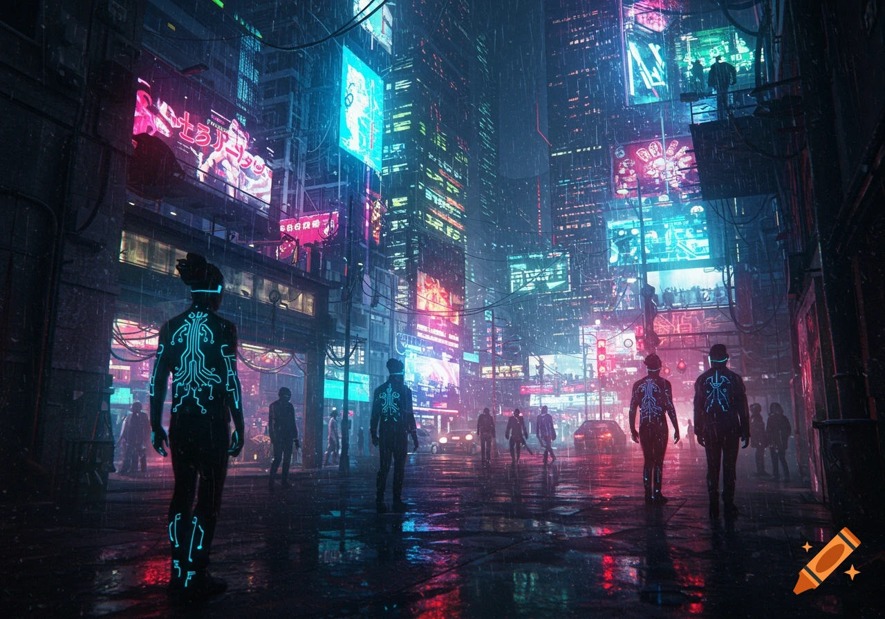 Dark, rainy cyberpunk city street at night with people wearing glowing circuit patterns walking on wet pavement, surrounded by neon signs and towering buildings.