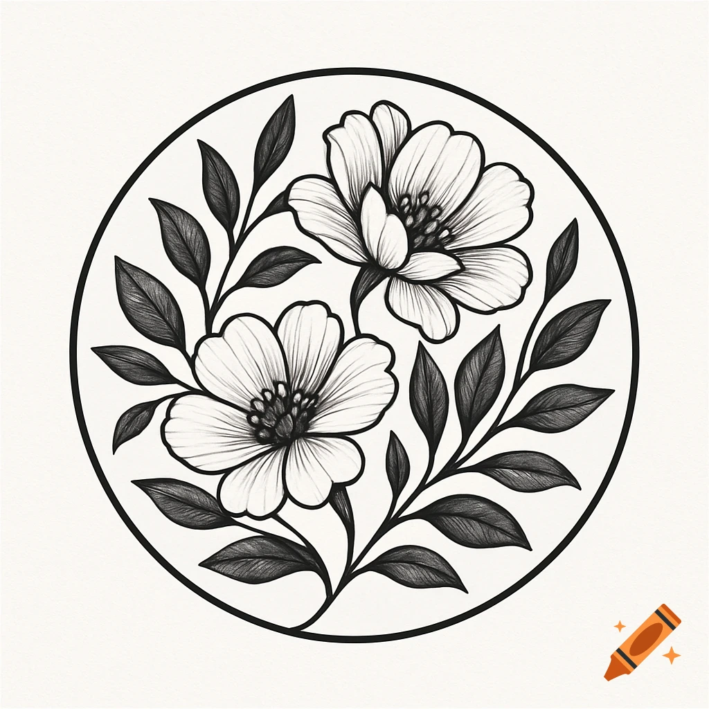 Black and white floral illustration of two intertwined flowers and leaves within a circular frame.