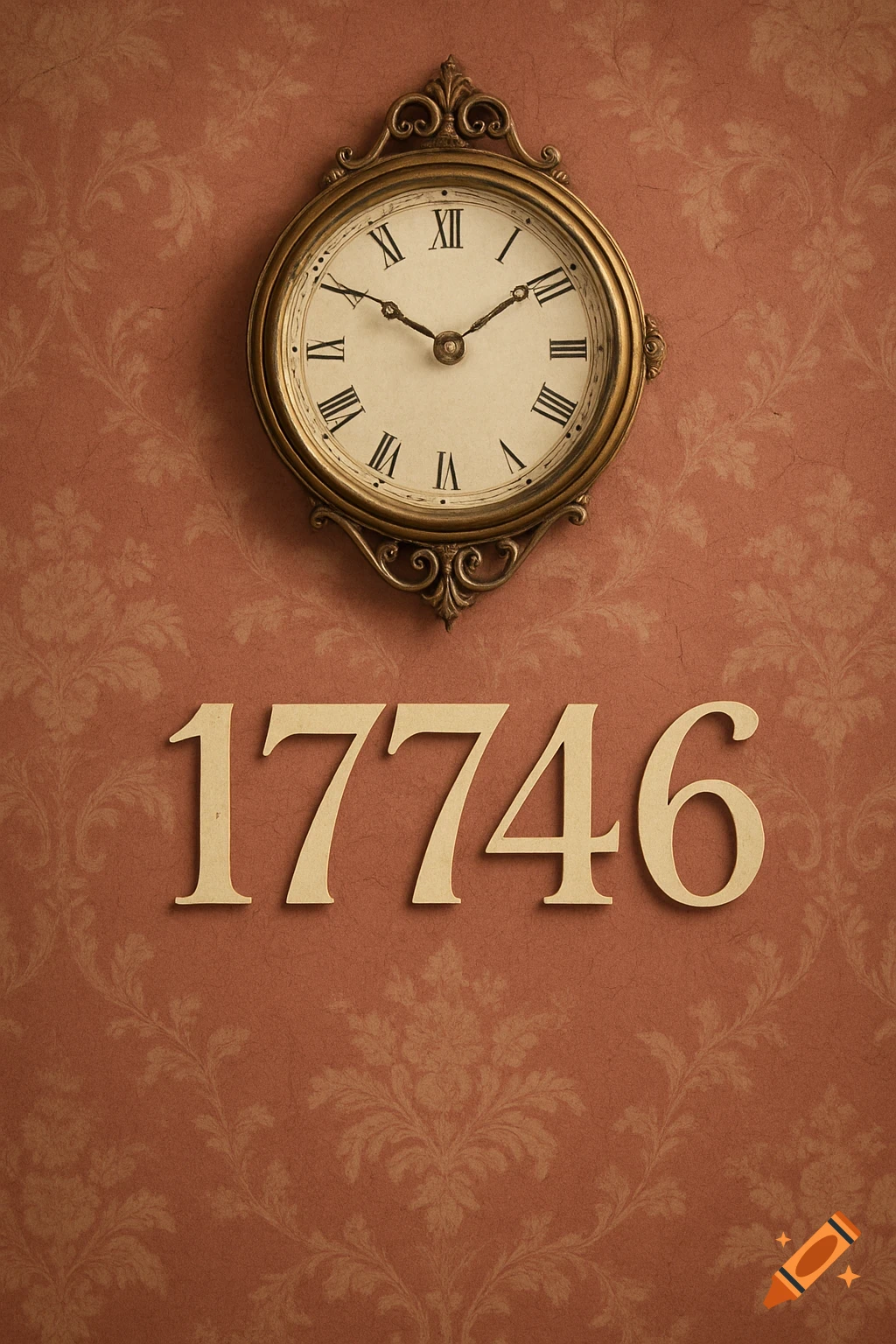 An antique clock showing 12:40 and large beige numbers '17746' on a patterned vintage pink wallpaper.