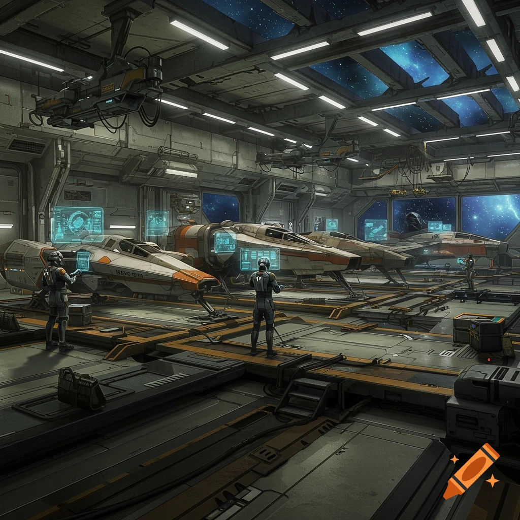 A futuristic hangar with multiple spaceships being serviced by crew members, under a starry sky visible through roof windows, in a sci-fi art style.
