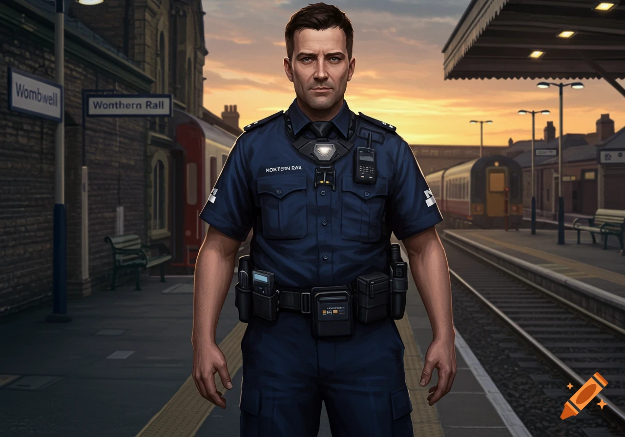 A man in a dark blue police-like uniform stands on a train station platform at sunset, with a train in the background.