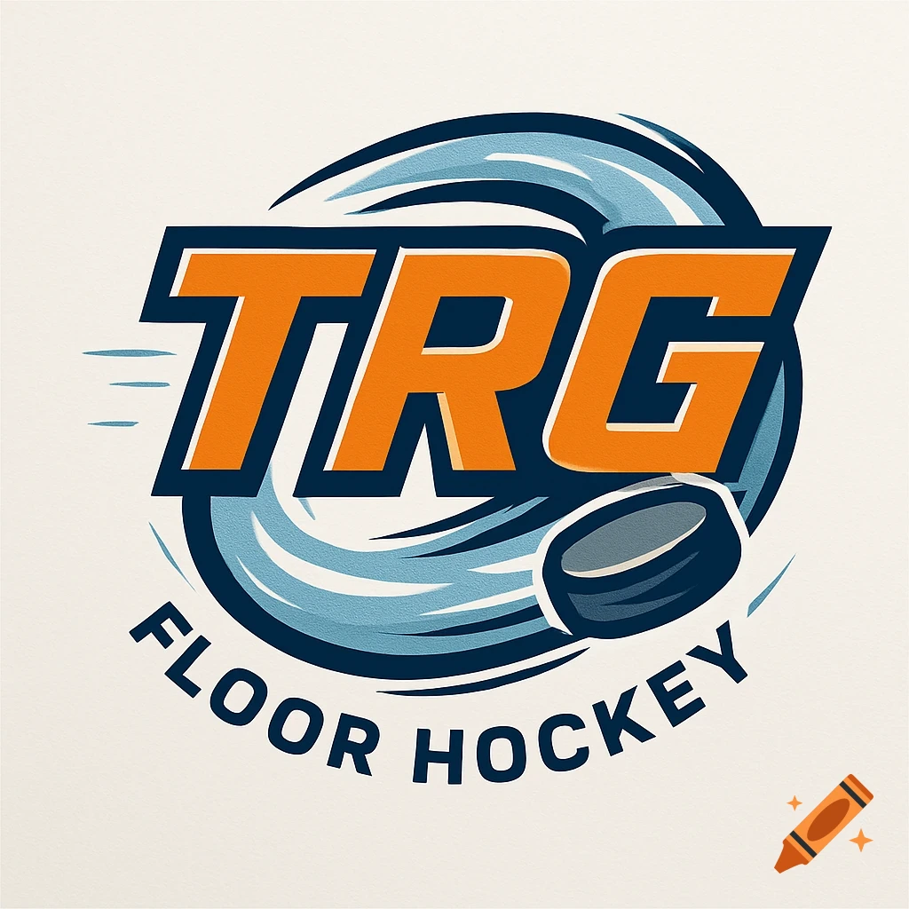 Logo for TRG Floor Hockey featuring orange text TRG, a hockey puck, and blue wave graphics on a light background.