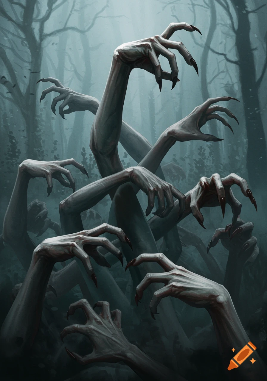 Creepy pale arms with sharp claws reach from a dark, misty forest.