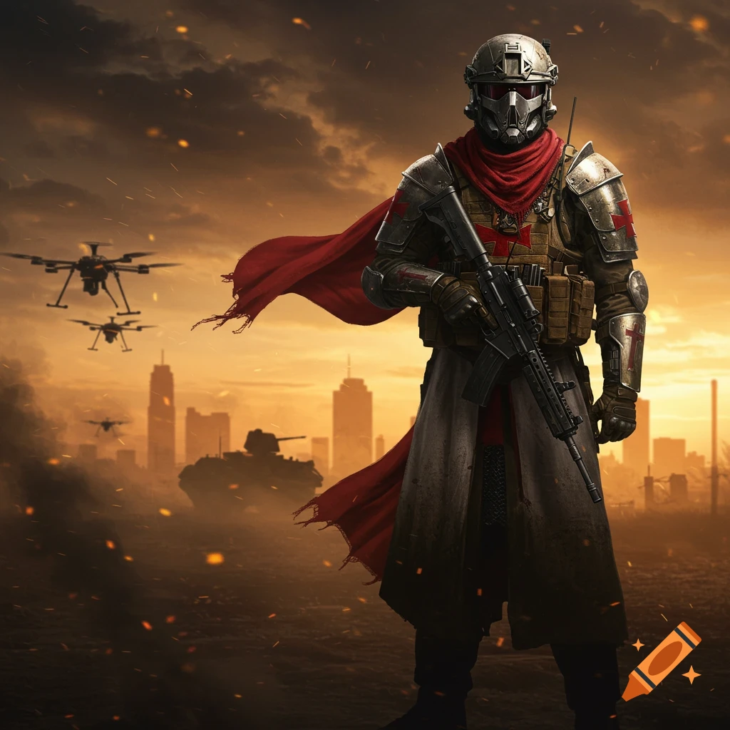 A futuristic Templar soldier in armor and red cape stands with a rifle in a burning cityscape with drones.