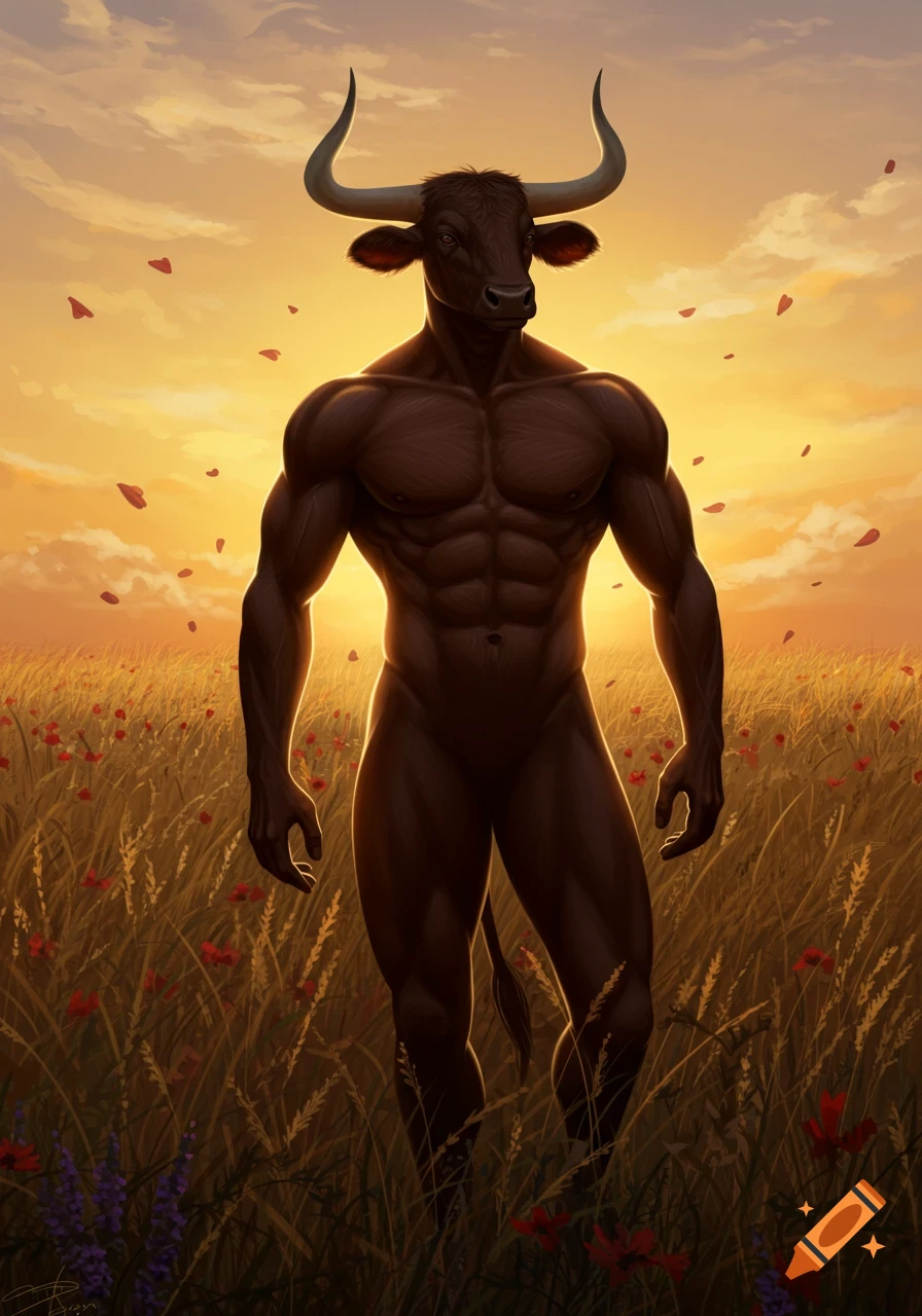 Muscular, anthropomorphic bull stands nude in a golden field under a vibrant sunset sky, with red petals falling.