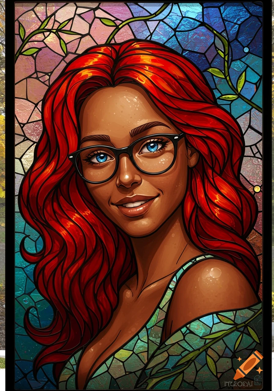 Stained glass portrait of a smiling woman with red hair, blue eyes, and black glasses.