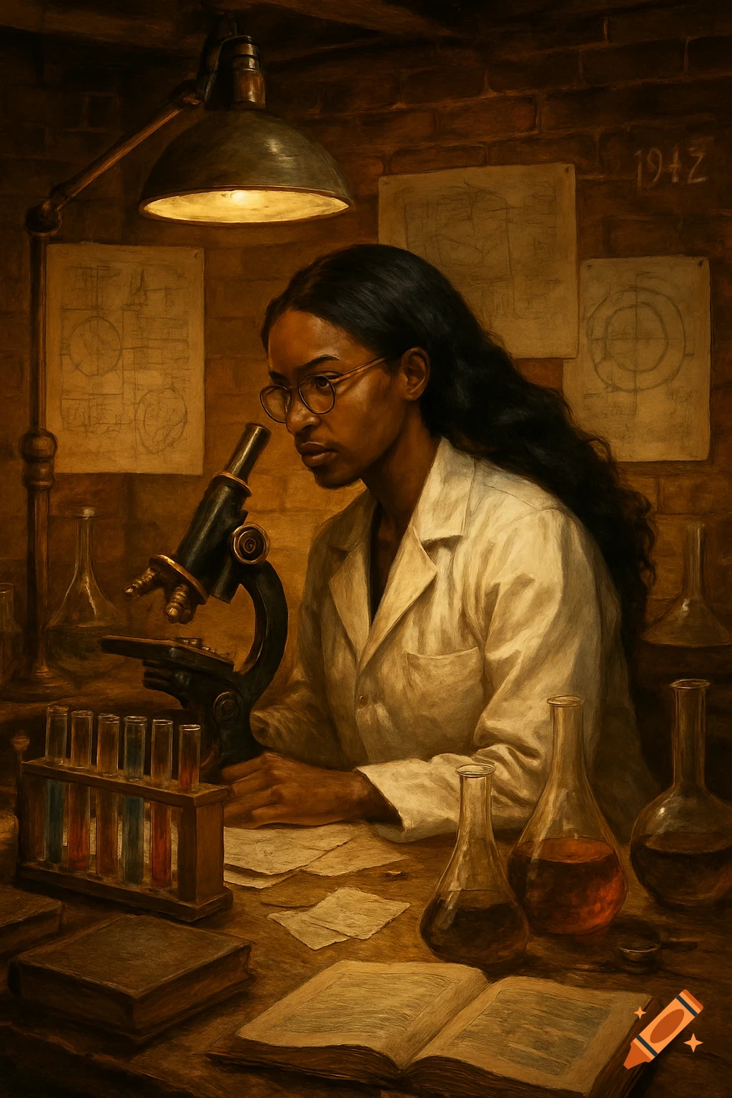 Painterly image of a 1940s African-American female scientist in a lab coat and glasses, looking into a microscope in a cluttered, dimly lit lab.