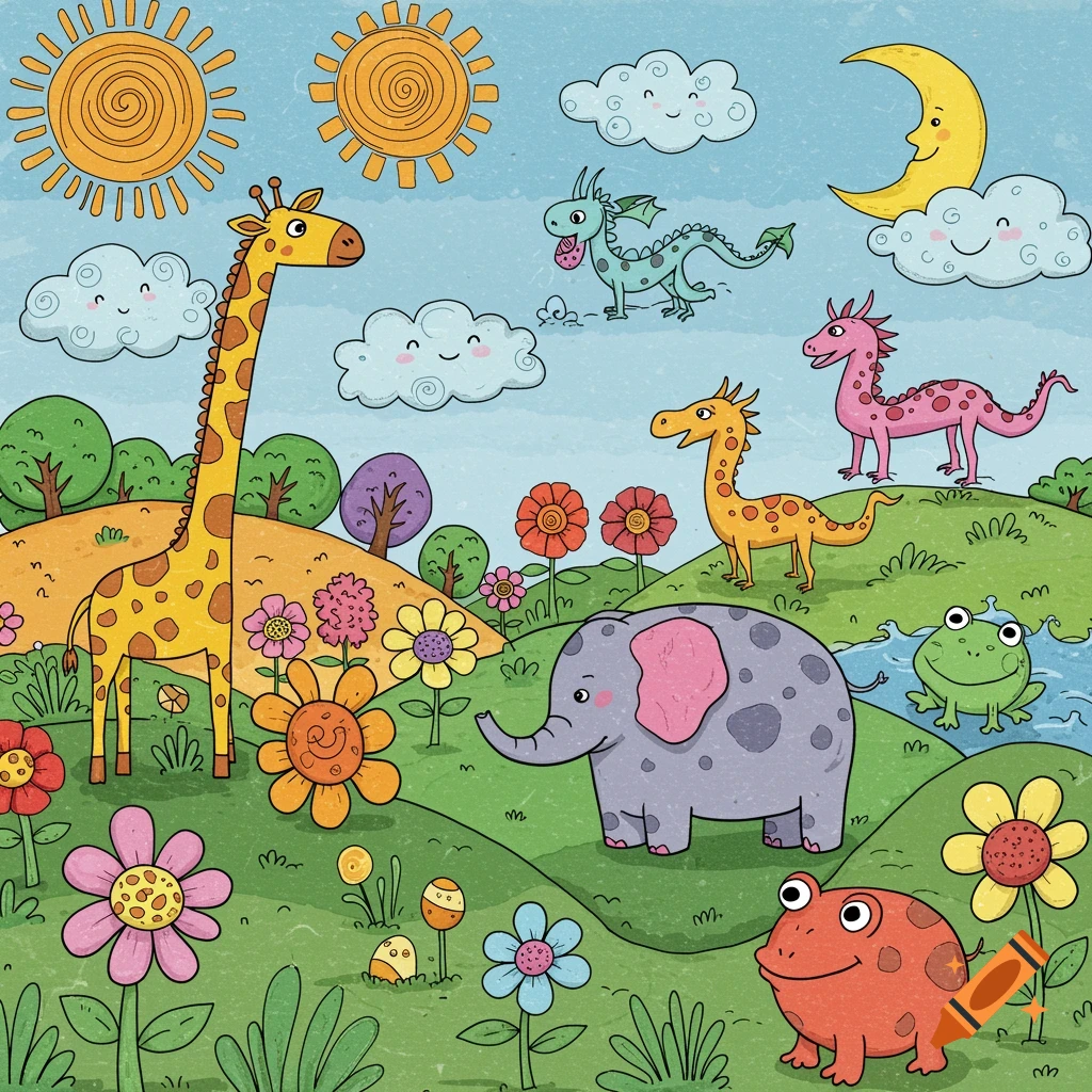 A colorful, childlike illustration of a tall giraffe, elephant, two frogs, and two dragons in a sunny, flower-filled landscape with smiling clouds and suns.