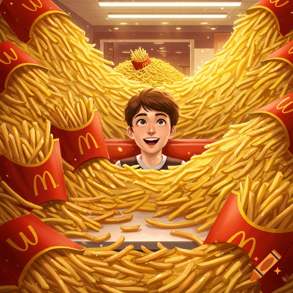 A cartoon child smiles happily, surrounded and partially submerged in a giant pile of McDonald's french fries and red fry containers.
