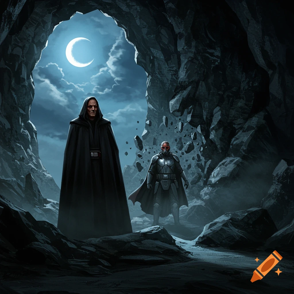 Two robed figures, one tall, one armored, stand in a dark cave entrance under a crescent moon, with rocks falling around them.