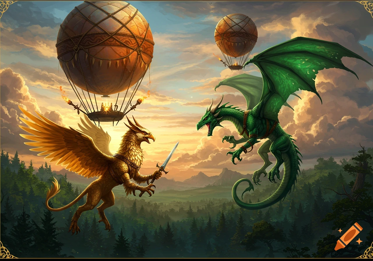 Golden griffin with a sword fights a green dragon mid-air, with hot air balloons above a forest at sunset.