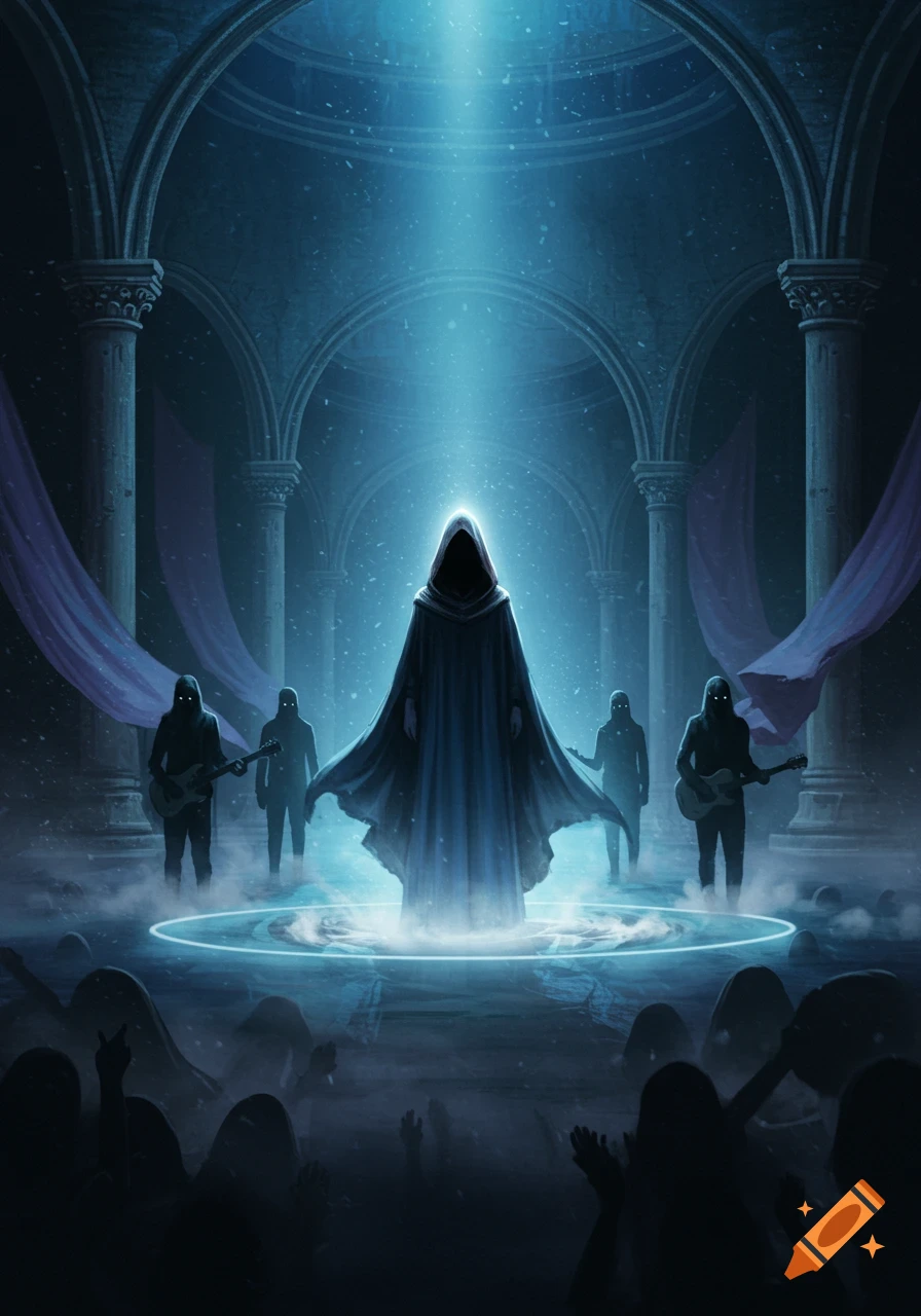 A mysterious band of hooded figures performs on a glowing stage in a dark, gothic hall, bathed in blue light. An audience watches.