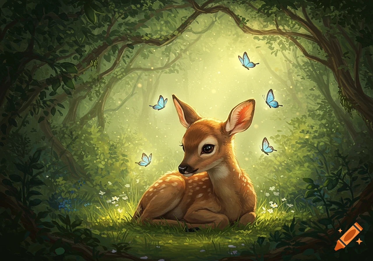 A cute, shy fawn with spots sits in a sun-dappled forest clearing, surrounded by glowing blue butterflies in a painterly style.