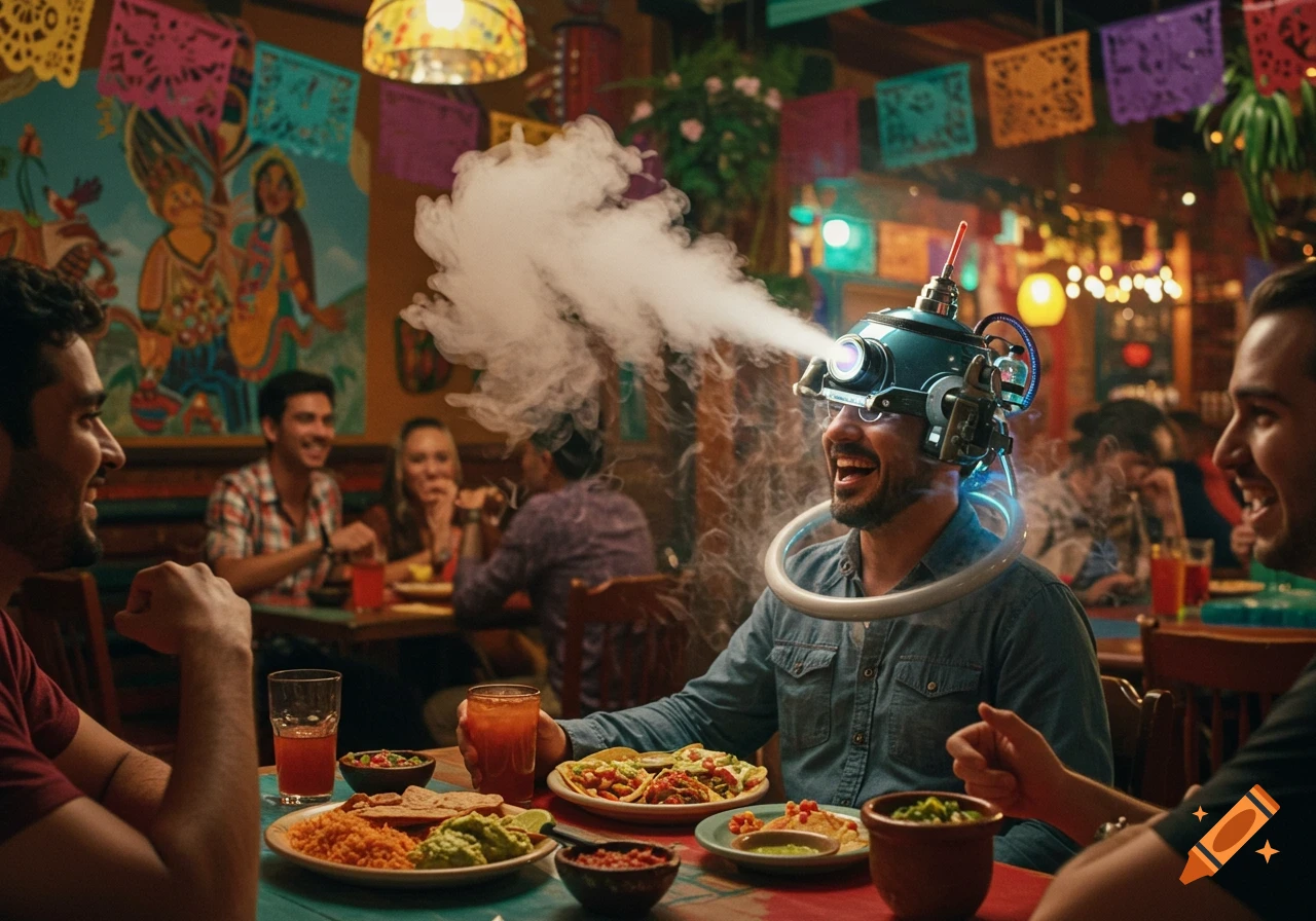 Man wearing a steampunk-like head contraption emitting steam, laughing with friends at a vibrant Mexican restaurant, eating tacos.