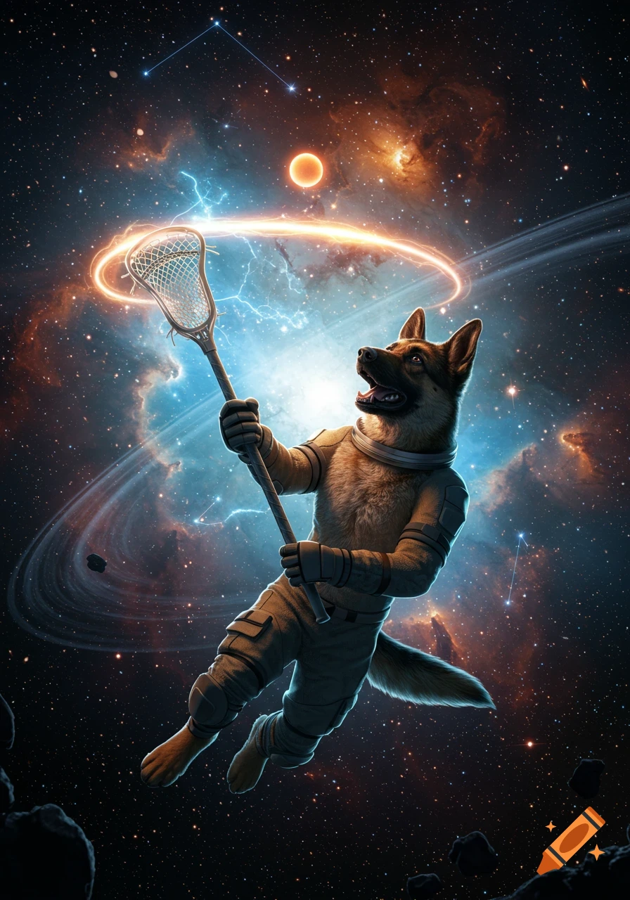Anthropomorphic German Shepherd in a spacesuit holding a glowing lacrosse stick, floating in space among nebulae.