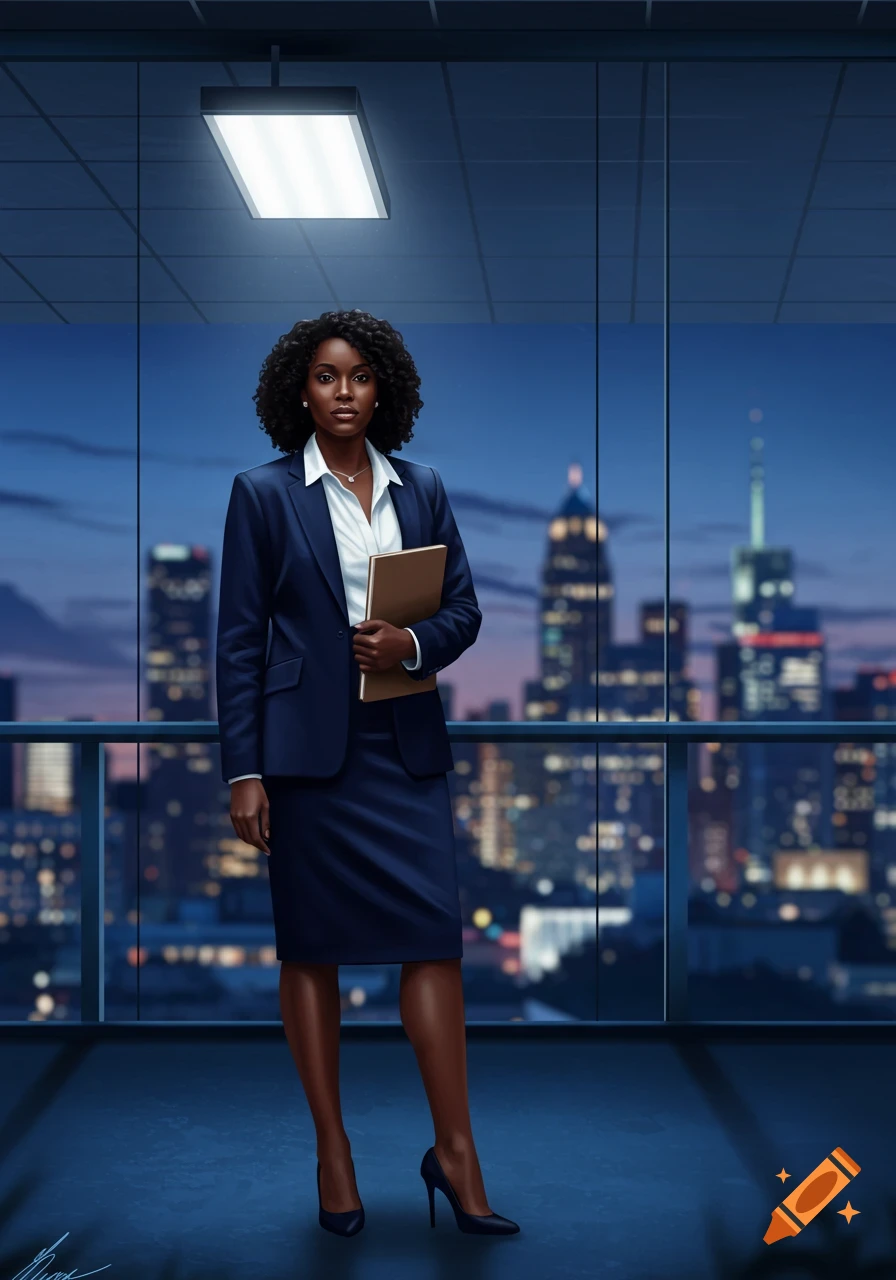 A confident Black woman in a navy business suit stands in a modern office with a city skyline view at dusk, holding a folder.