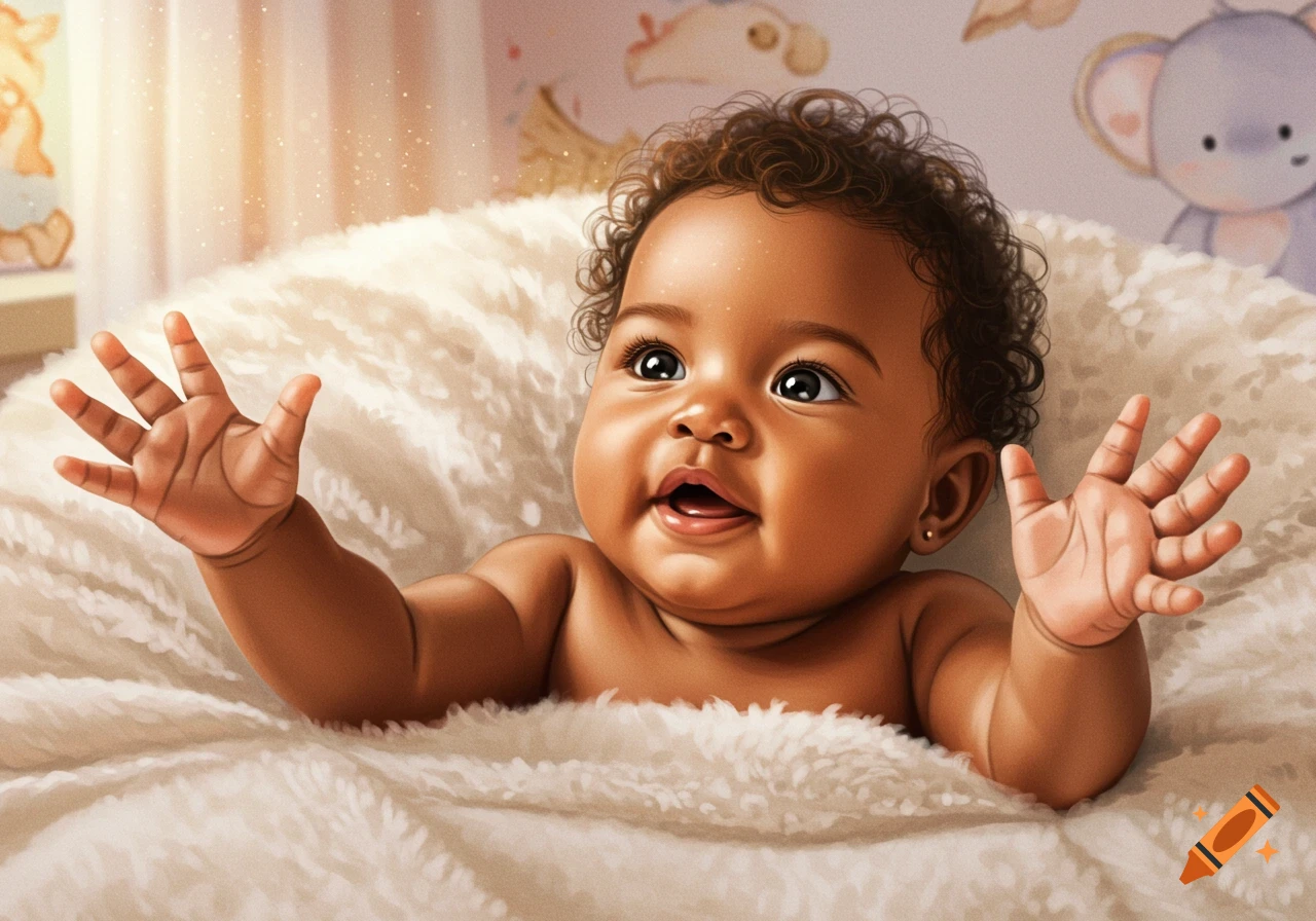 An adorable, happy baby with curly dark hair sits in a fluffy white blanket, reaching out, in a brightly lit illustration.