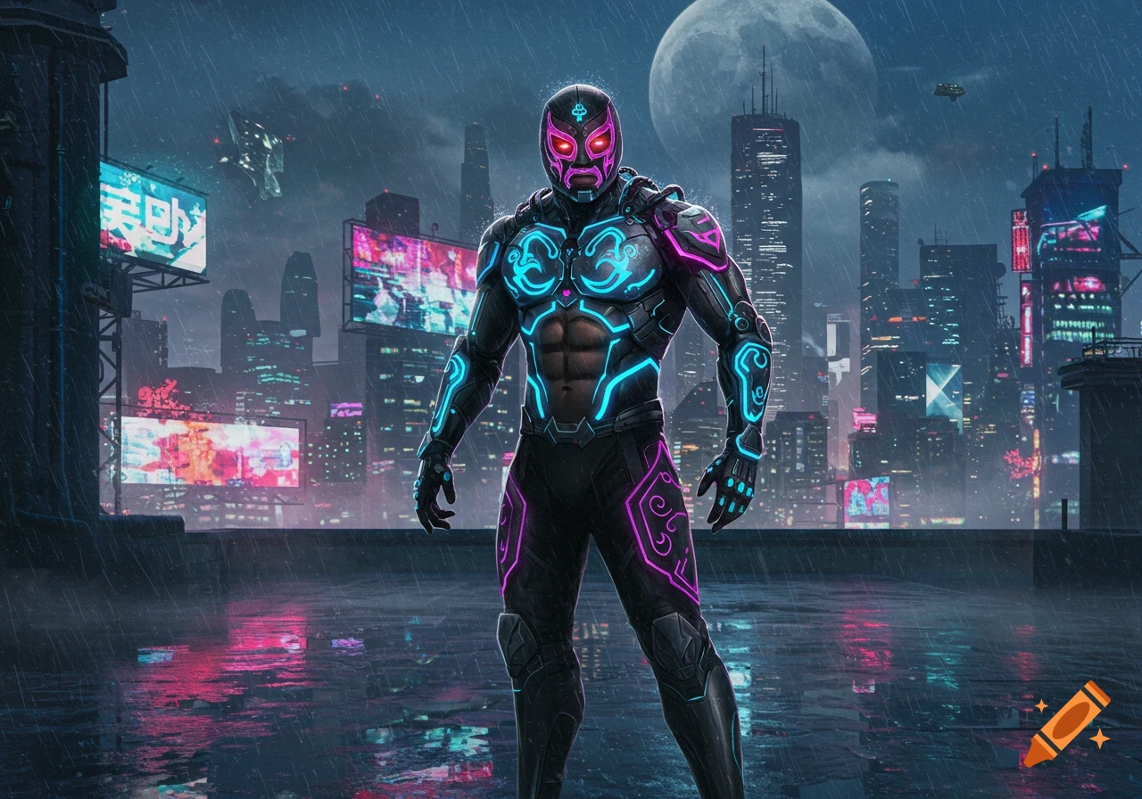 A futuristic luchador in glowing armor stands on a rainy rooftop overlooking a neon-lit cyberpunk city at night with a large moon.