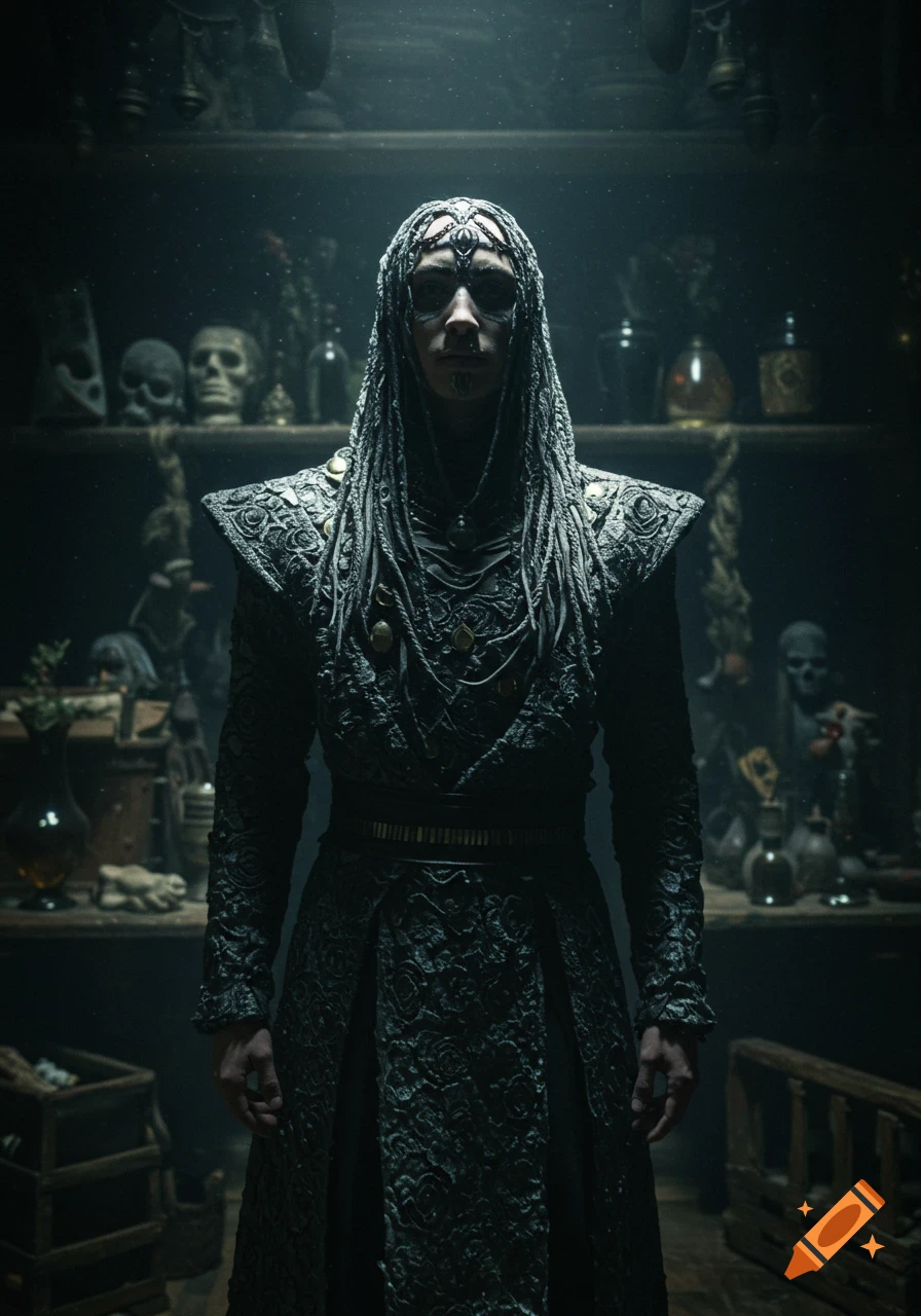 A mysterious figure with dreadlocks and ornate dark clothing stands in a dimly lit, dusty room with skulls and bottles.
