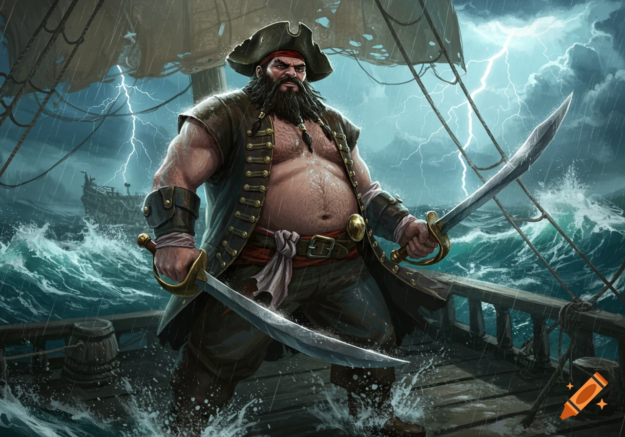 Illustration of a burly pirate with a black beard, no shirt, and two swords on a stormy ship deck with lightning.