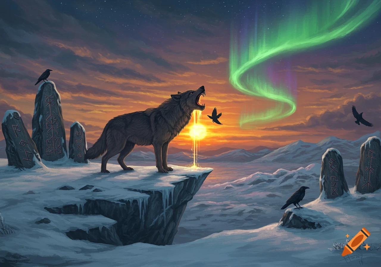 A stylized Nordic landscape with a wolf howling at a glowing sun over snowy mountains under green aurora borealis, with ravens and runestones.