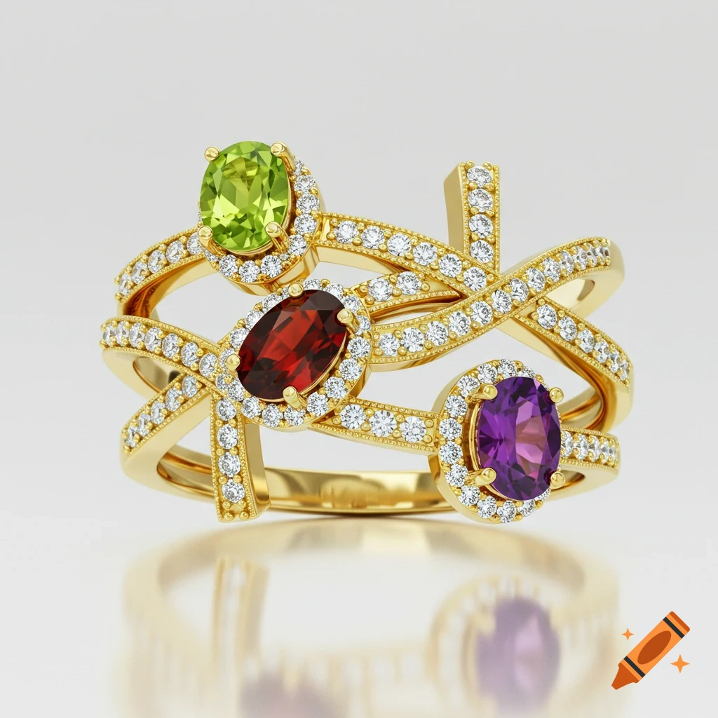 A detailed shot of a yellow gold ring with interwoven diamond-encrusted bands holding an oval green peridot, a red garnet, and a purple amethyst.